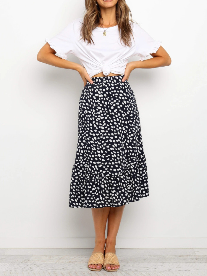 R.Vivimos Women's Summer Cotton Boho Irregular Polka Dot Print Ruffled A-Line Flowy Midi Skirts