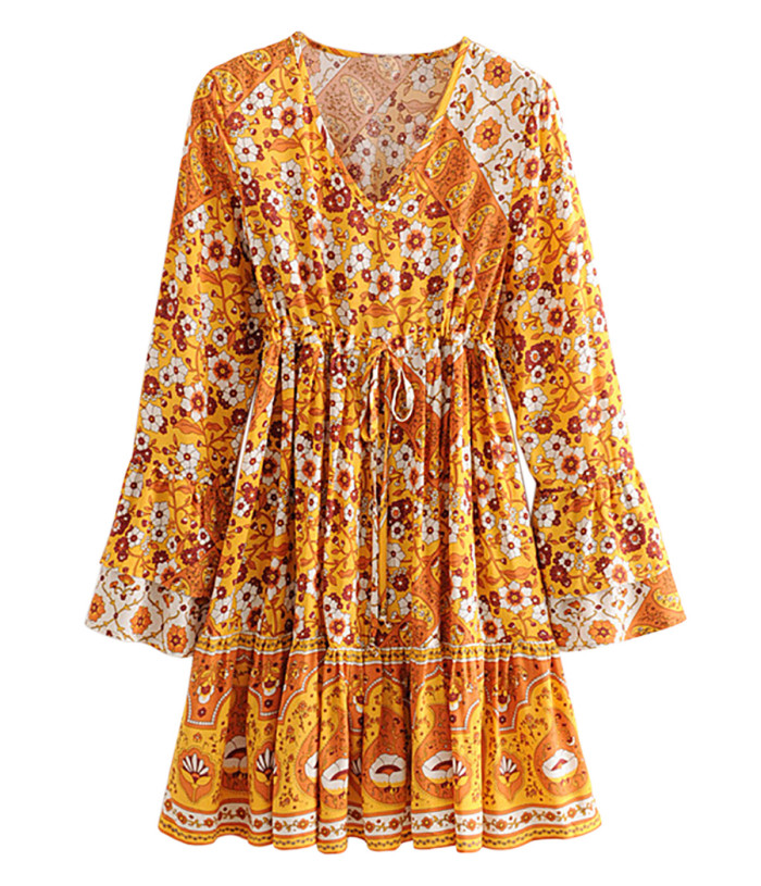 R.Vivimos Women's Cotton Long Flare Sleeves V Neck Floral Print Cute Fall Casual Mini Dress