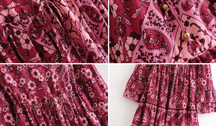 R.Vivimos Women's Cotton Long Flare Sleeves V Neck Floral Print Cute Fall Casual Mini Dress