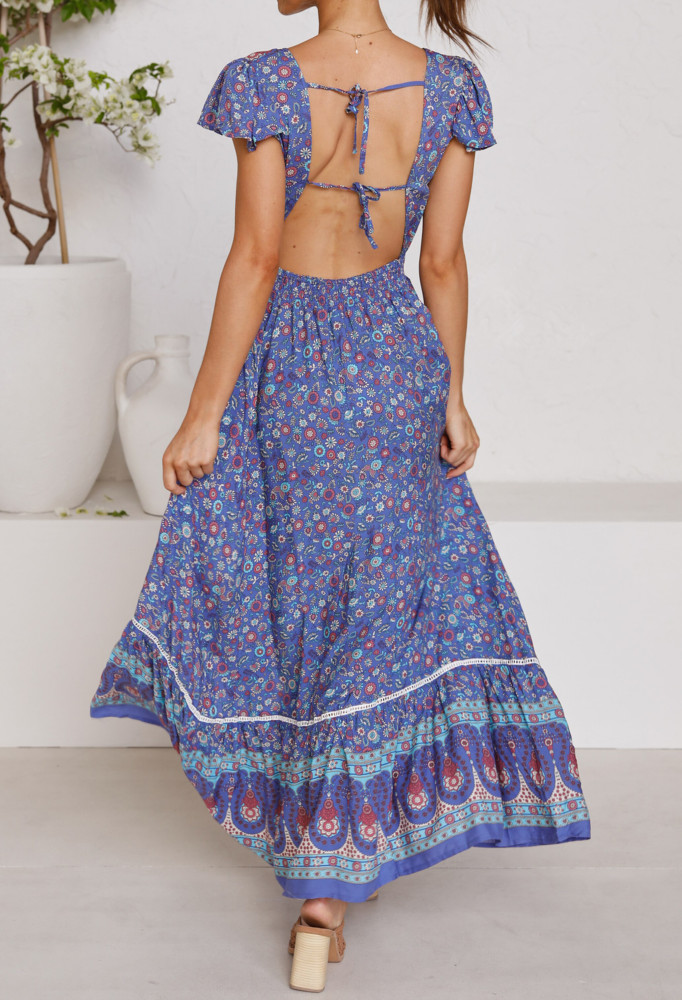 R.Vivimos Womens Summer Short Sleeve V Neck Backless Cotton Floral Flowy Dress
