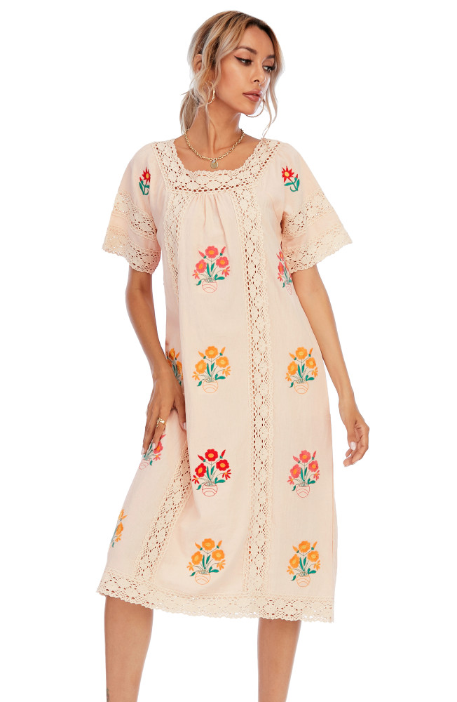 R.Vivimos Women Short Sleeve Summer Floral Embroidery Lace Hollow Out Bohemian Cotton Linen Midi Dresses