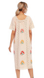R.Vivimos Women Short Sleeve Summer Floral Embroidery Lace Hollow Out Bohemian Cotton Linen Midi Dresses