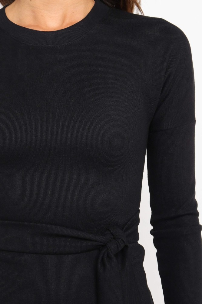 R.Vivimos Women's Winter Cotton Long Sleeves Elegant Tie Waist Ribbed Knit Bodycon Sweater Dress