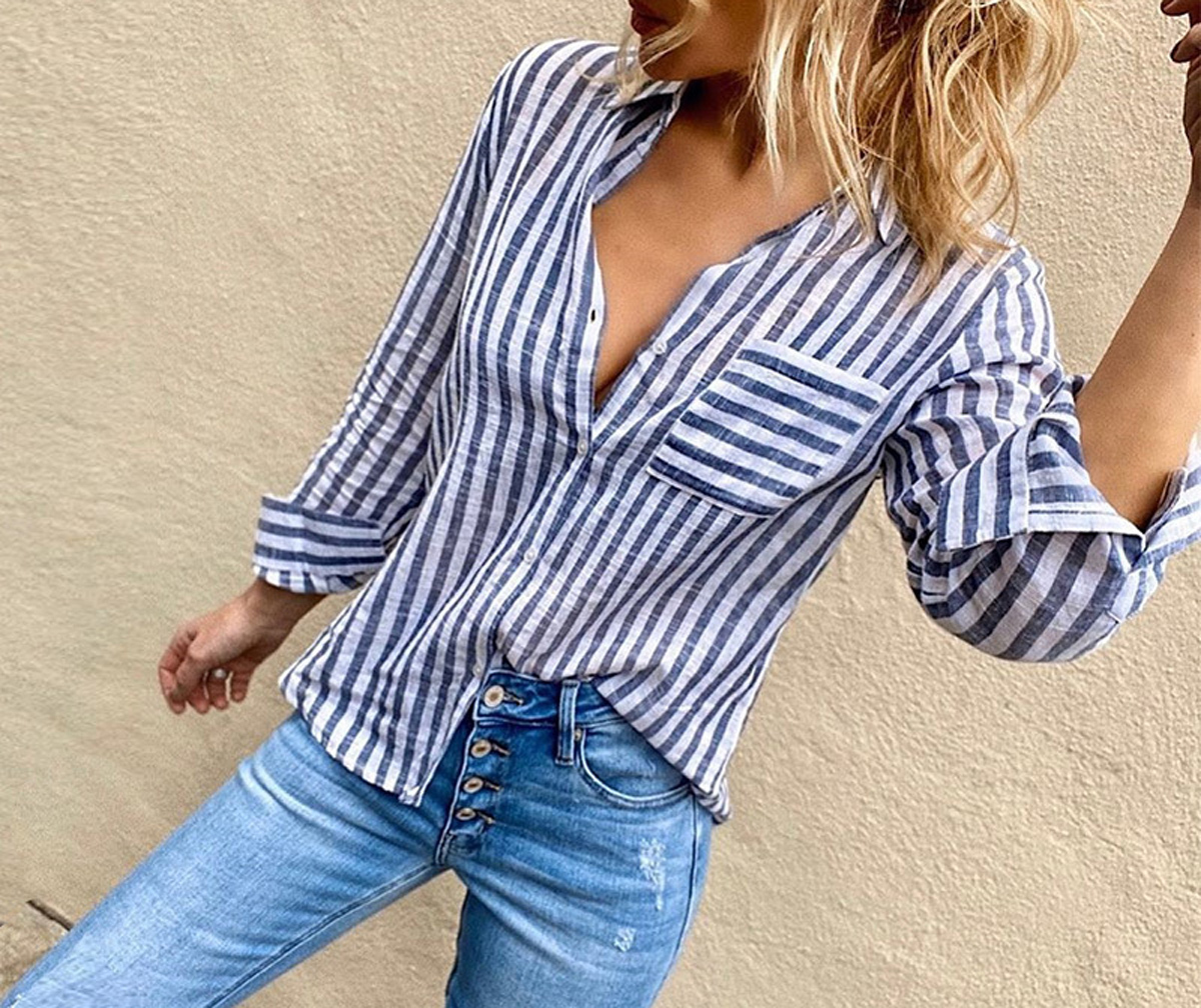 R.Vivimos Women's Fall Cotton Long Sleeves Roll Up Striped Casual V Neck Button Down Shirts Blouses3