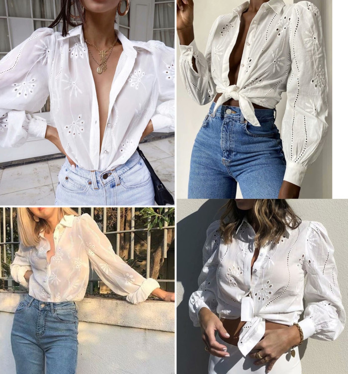 R.Vivimos Women's Cotton Long Sleeves Floral Embroidery Casual V Neck Button Down Shirts Blouses