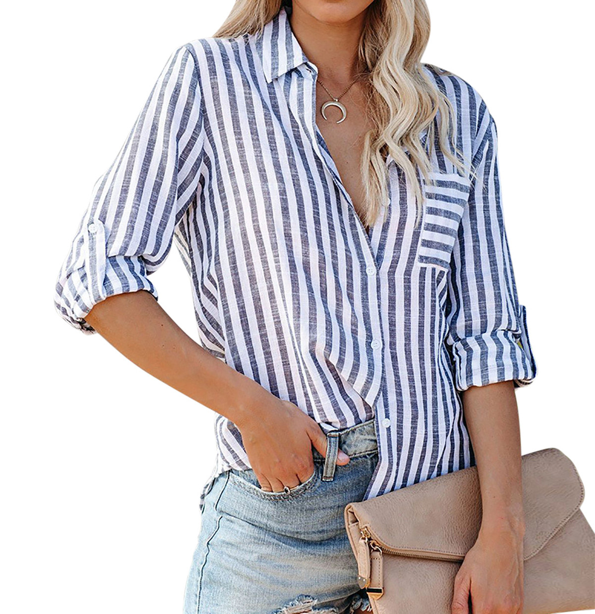 US$ 17.99 - R.Vivimos Women's Fall Cotton Long Sleeves Roll Up Striped ...