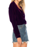 R.Vivimos Women Velvet Tops Sexy Blouses Long Sleeve V-neck Button Down Casual Shirts