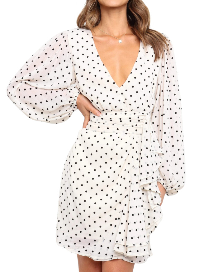 R.Vivimos Women's Fall Long Sleeves V-Neck Polka Dot Ruffled Elegant Casual Mini Dress