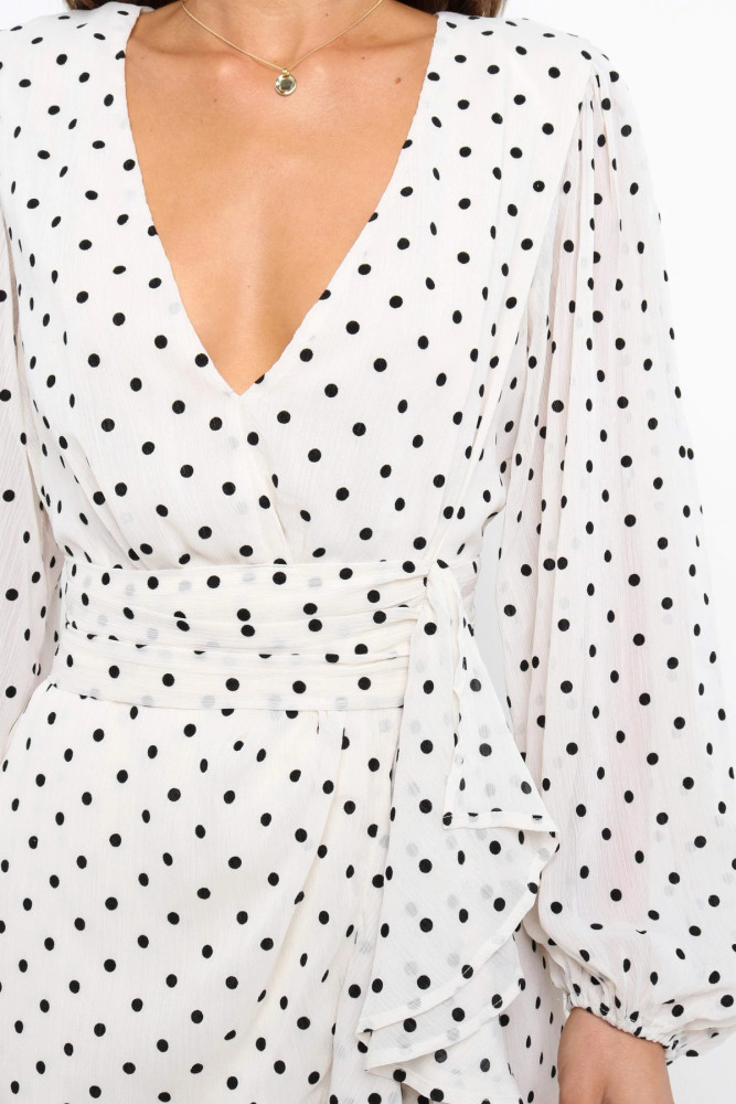 R.Vivimos Women's Fall Long Sleeves V-Neck Polka Dot Ruffled Elegant Casual Mini Dress
