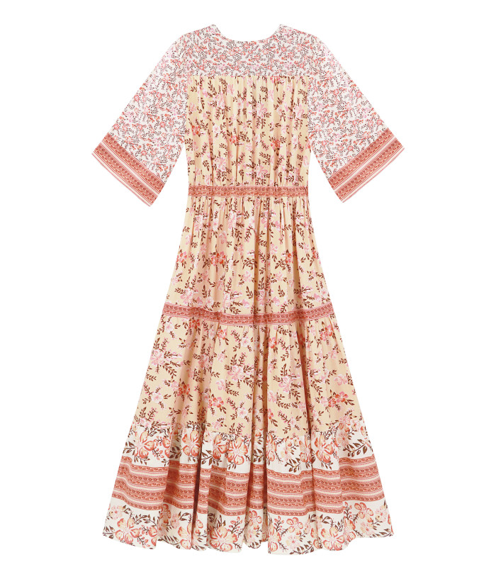 R.Vivimos Women's Summer Cotton Printed Half Sleeve V Neck Flowy Midi Dress