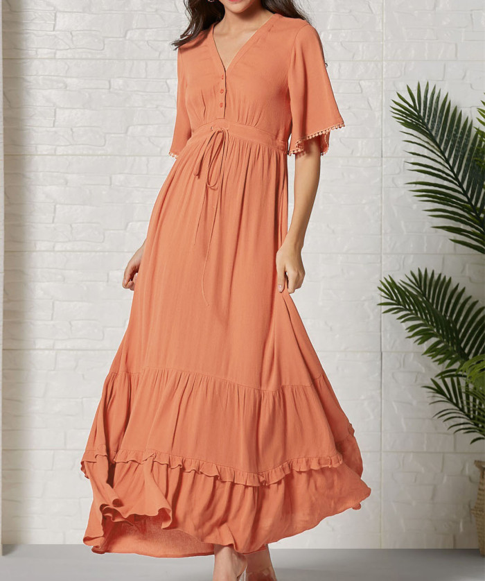 R.Vivimos Womens Summer Cotton Short Sleeve V Neck Floral Print Casual Bohemian Long Dresses