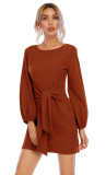 R.Vivimos Women Autumn Winter Cotton Long Sleeves Elegant Knitted Bodycon Tie Waist Sweater Pencil Dress