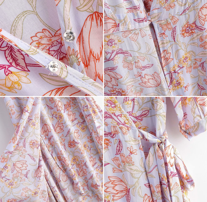 R.Vivimos Women's Summer Cotton 3/4 Sleeves Floral Print Casual Wrap Dress Midi Flowy Dresses