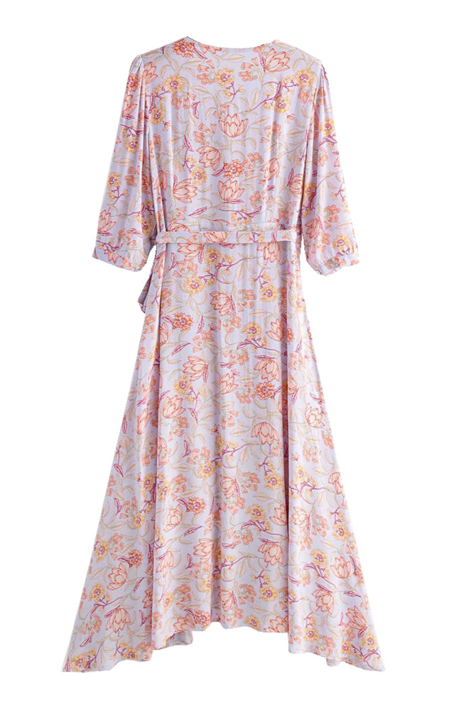 R.Vivimos Women's Summer Cotton 3/4 Sleeves Floral Print Casual Wrap Dress Midi Flowy Dresses