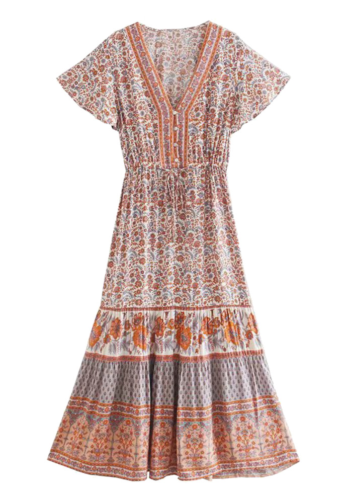 R.Vivimos Women's Summer Cotton Short Sleeves Floral Print Button Up Boho Flowy Midi Dress