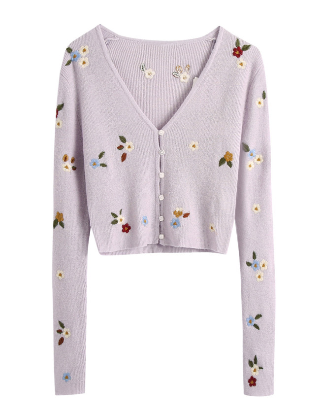 R.Vivimos Women's Fall Long Sleeves Floral Embroidered Button Down Knit Cardigan Crop Sweater