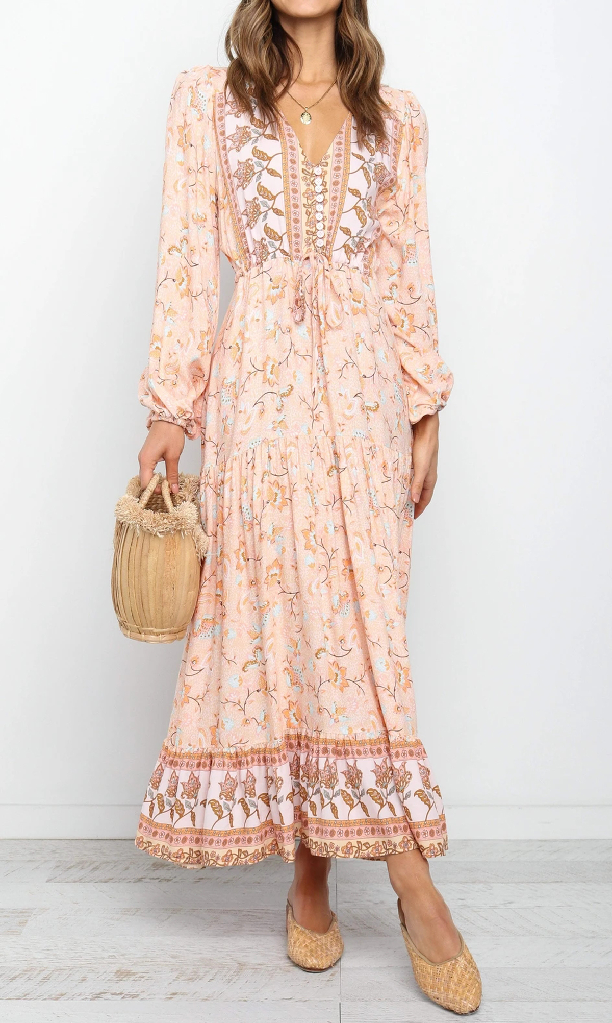 R.Vivimos Women's Long Sleeve Cotton V-Neck Button Up Floral Print Boho Flowy Midi Dresses2