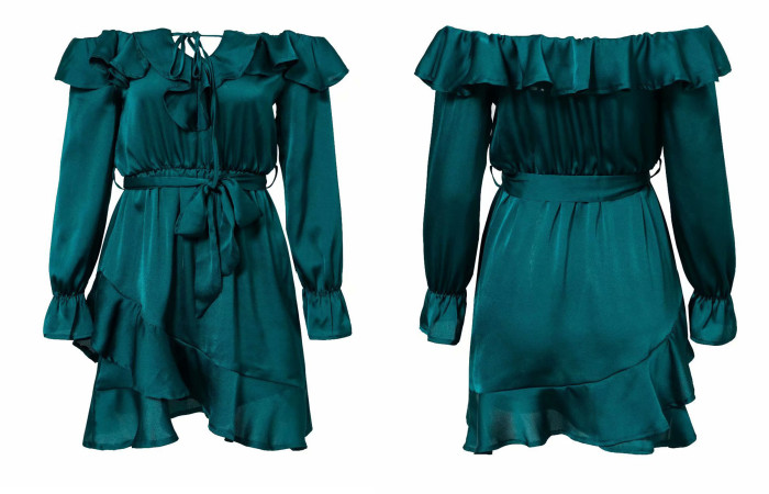 R.Vivimos Women's Satin Dress Fall Long Sleeves Off-Shoulder Ruffled Casual Mini Dress with Belt
