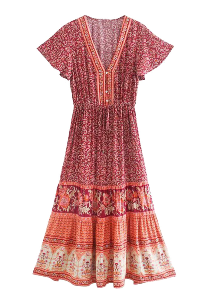 R.Vivimos Women's Summer Cotton Short Sleeves Floral Print Button Up Boho Flowy Midi Dress