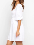R.Vivimos Women's Summer Cotton Puff Sleeves Empire Waist Casual Polka Dots Mini Dress with Pockets