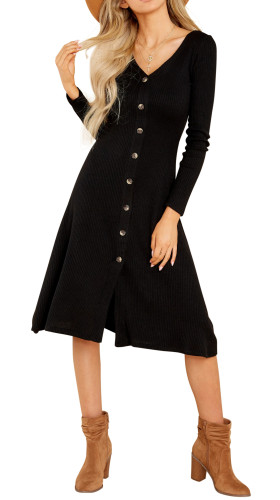 R.Vivimos Women's Winter Cotton Long Sleeves V-Neck Casual Button Down Knit Sweater Midi Dress