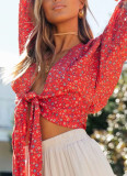 R.Vivimos Women's Summer Deep V Neck Long Sleeves Boho Floral Print Casual Crop Tops Blouses