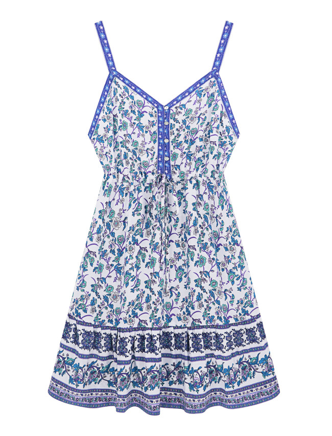R.Vivimos Women's Summer Cotton Floral Print Spaghetti Straps V Neck Buttons A-Line Mini Dress