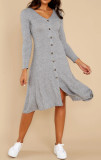 R.Vivimos Women's Winter Cotton Long Sleeves V-Neck Casual Button Down Knit Sweater Midi Dress