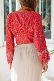 R.Vivimos Women's Summer Deep V Neck Long Sleeves Boho Floral Print Casual Crop Tops Blouses
