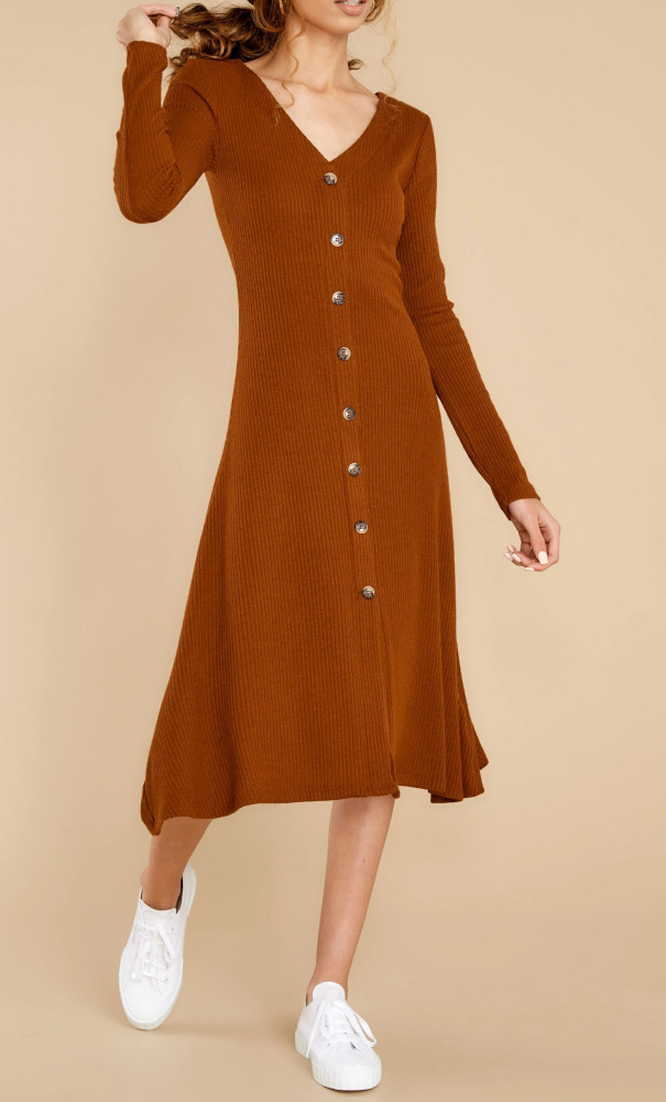 R.Vivimos Women's Winter Cotton Long Sleeves V-Neck Casual Button Down Knit Sweater Midi Dress
