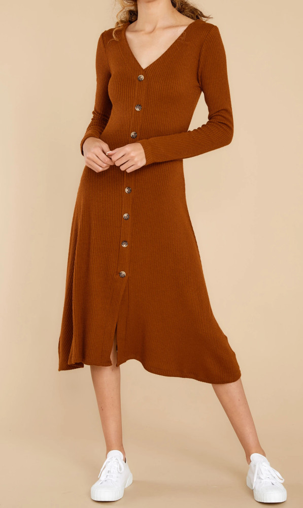 R.Vivimos Women's Winter Cotton Long Sleeves V-Neck Casual Button Down Knit Sweater Midi Dress