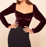 R.Vivimos Women's Fall Velvet Long Sleeves Square Neckline Casual Vintage Crop Tops Blouse