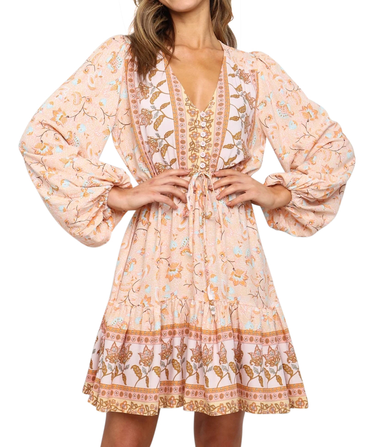 R.Vivimos Women's Cotton Long Sleeves V-Neck Button Up Floral Print Bohemian Flowy Mini Dress