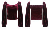 R.Vivimos Women's Fall Velvet Long Sleeves Square Neckline Casual Vintage Crop Tops Blouse