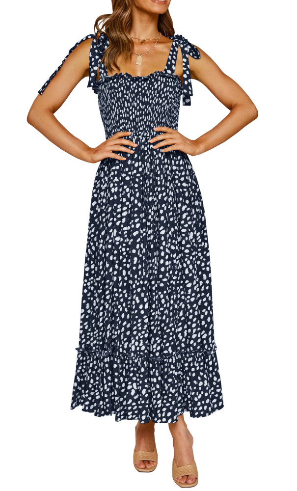 R.Vivimos Women's Summer Straps Cotton Irregular Polka Dot Ruffles Midi Dress