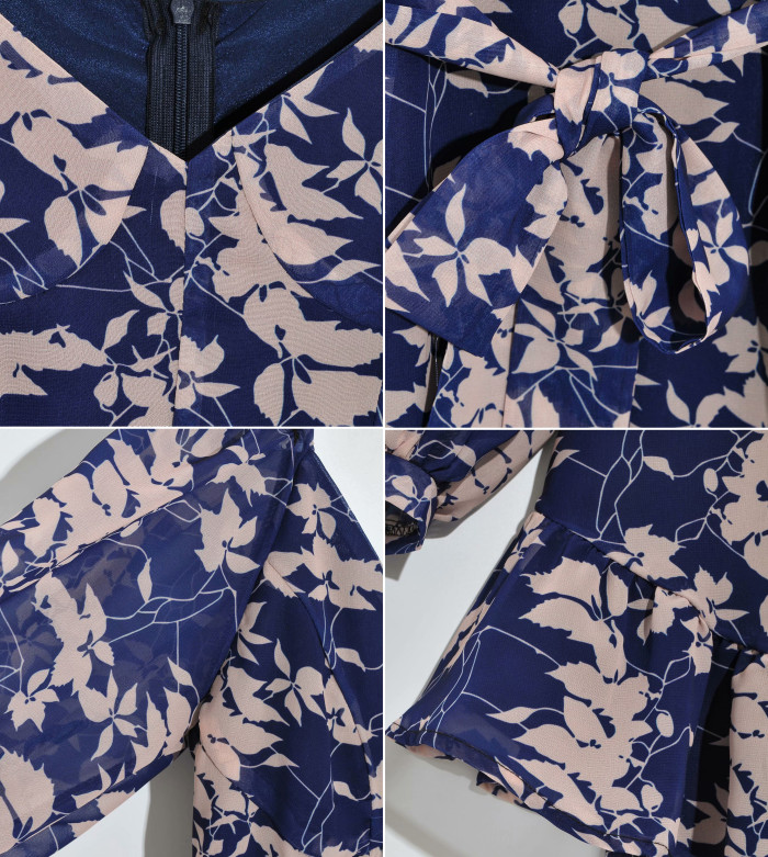 R.Vivimos Womens Long Sleeve Chiffon Floral Print V-Neck Ruffle Mini Dress with Belt