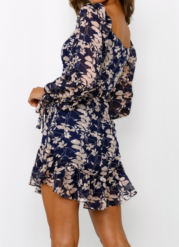 R.Vivimos Womens Long Sleeve Chiffon Floral Print V-Neck Ruffle Mini Dress with Belt