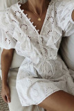 R.Vivimos Women's Summer Half Sleeves Cotton Embroidered Ruffle V-Neck Button Up Mini Dress