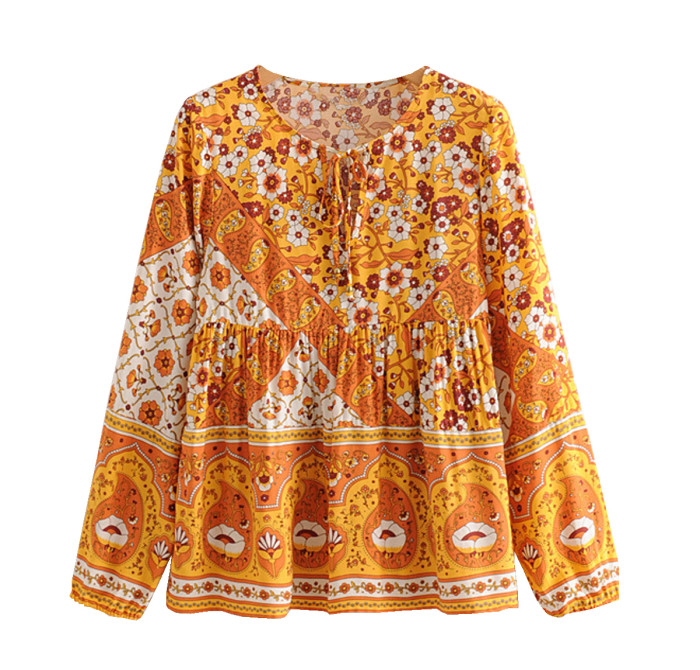 R.Vivimos Womens Summer Long Sleeves Cotton Casual Boho Floral Print Peasant Blouses Tops
