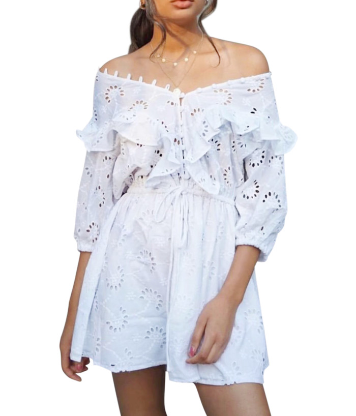 R.Vivimos Women's Summer Half Sleeves Cotton Embroidered Ruffle V-Neck Button Up Mini Dress