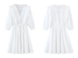 R.Vivimos Women's Summer Half Sleeves Cotton Embroidered Ruffle V-Neck Button Up Mini Dress