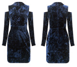 R.Vivimos Women's Winter Crushed Velvet Long Sleeves Cold Shoulder High Neck Bodycon Mini Dress