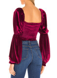 R.Vivimos Women's Fall Long Puff Sleeves Velvet Stretchy Ruched Crop Tops Blouses