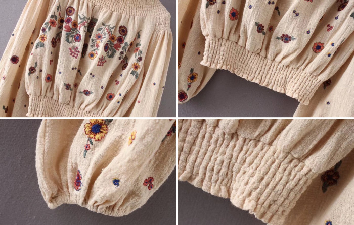 R.Vivimos Women's Linen Long Sleeve Off Shoulder Floral Embroidery Boho Crop Top Blouse