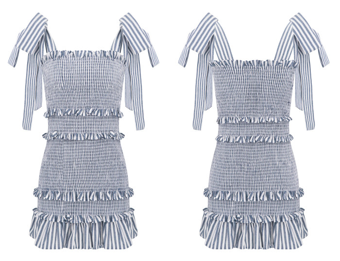 R.Vivimos Women's Summer Cotton Striped Sleeveless Ruched Elastic Ruffled Strap Boho Mini Dresses
