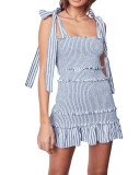 R.Vivimos Women's Summer Cotton Striped Sleeveless Ruched Elastic Ruffled Strap Boho Mini Dresses