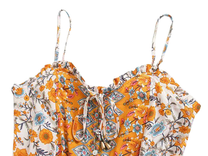 R.Vivimos Women's Summer Cotton Floral Print Spaghetti Straps V Neck Button Up Casual Boho Mini Dress