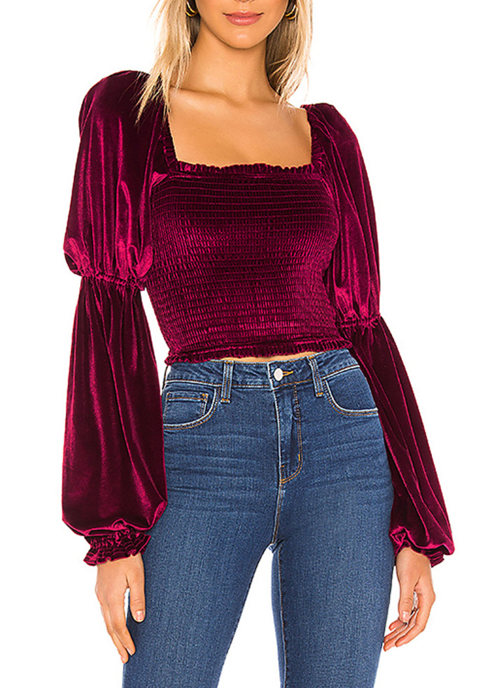 R.Vivimos Women's Fall Long Puff Sleeves Velvet Stretchy Ruched Crop Tops Blouses