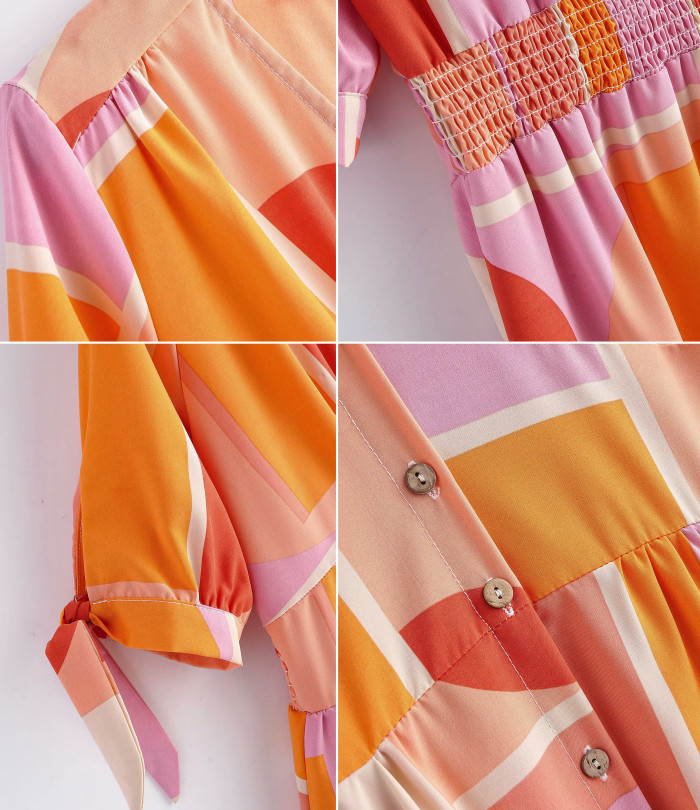 R.Vivimos Women Cotton Short Sleeves V-Neck Buttons A Line Summer Flowy Midi Dress