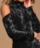 R.Vivimos Women's Winter Crushed Velvet Long Sleeves Cold Shoulder High Neck Bodycon Mini Dress